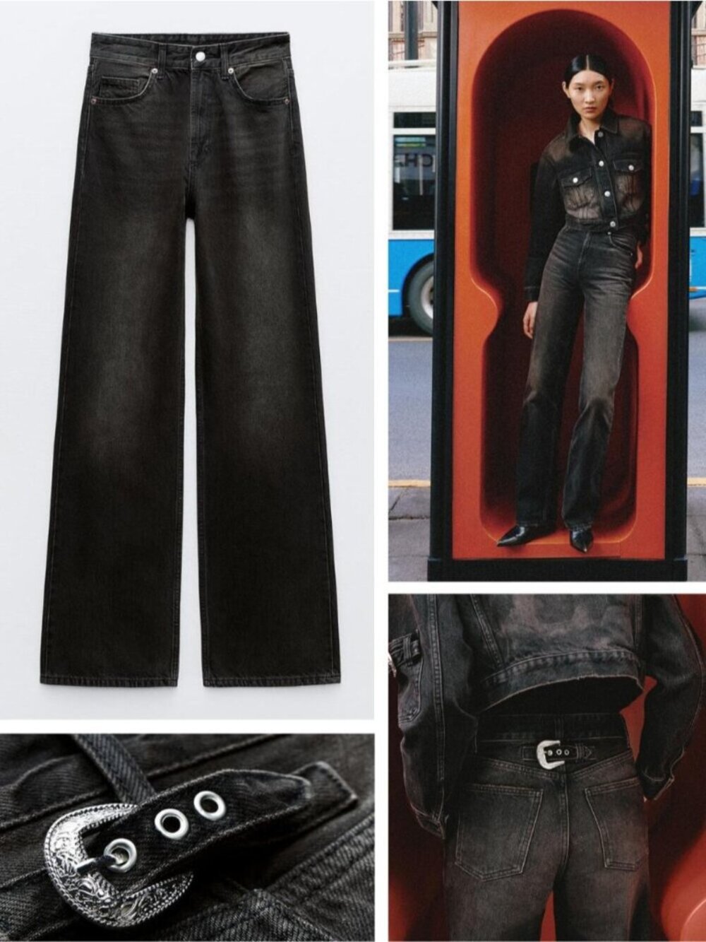 NWT ZARA Wide Leg Black Jeans Rear Tab Metal Buckle Size 0